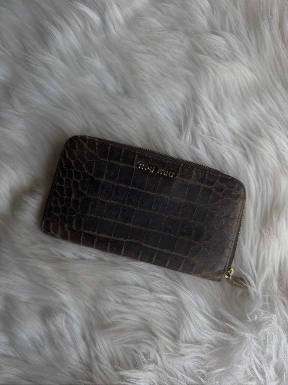 Authentic Miu Miu Croc-Embossed Zip Wallet in Dark Brown